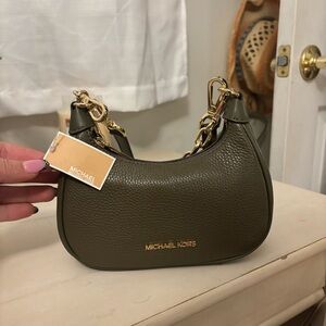 Michael Kors Olive Pebbled Leather Crescent Shoulder Bag with Gold Chain